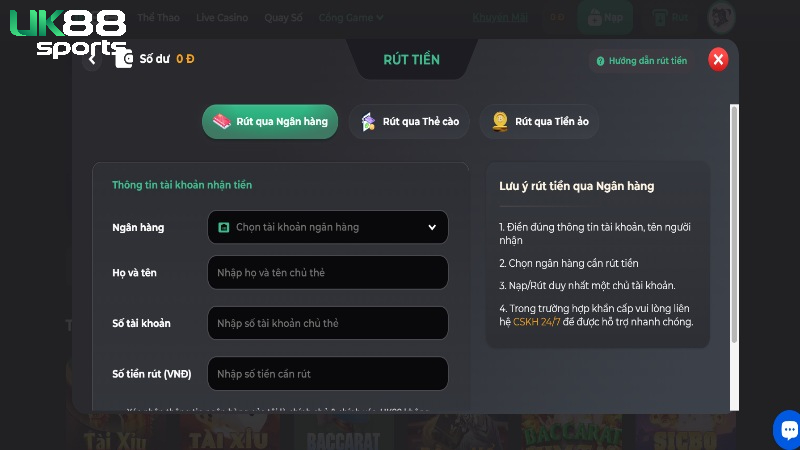 Hướng dẫn rút tiền UK88 về tài khoản ngân hàng